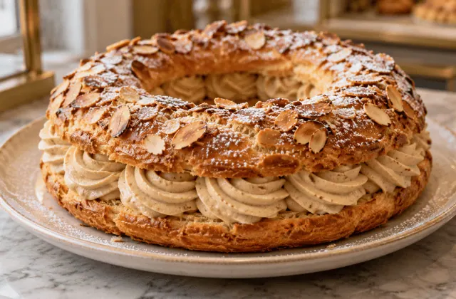 Paris-Brest en couronne garni de crème pralinée et couvert d’amandes effilées