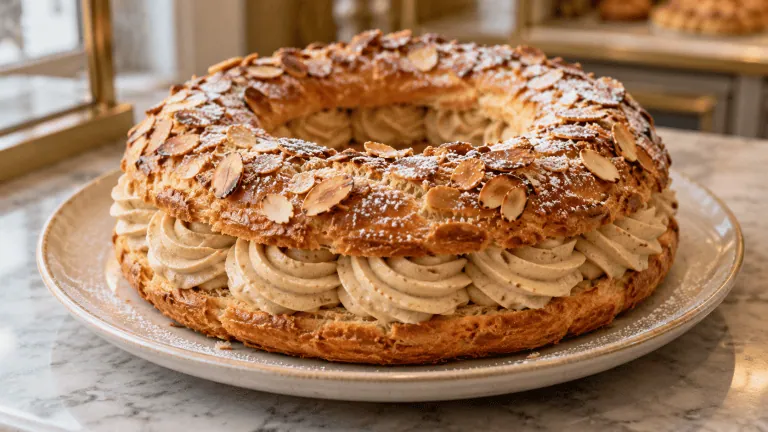Paris-Brest en couronne garni de crème pralinée et couvert d’amandes effilées