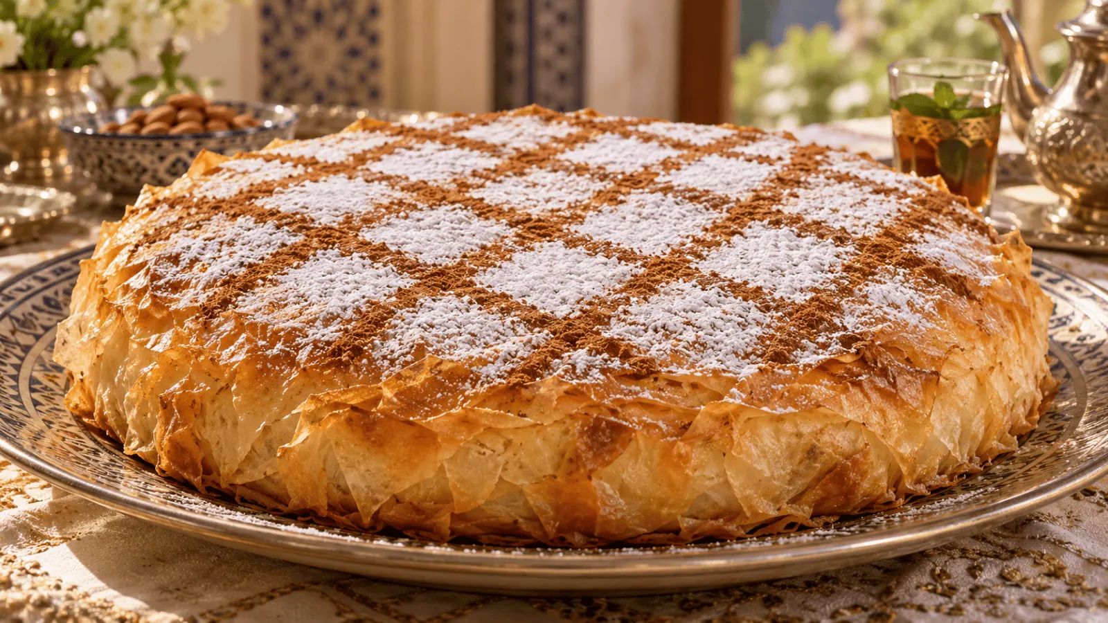 Pastilla marocaine dorée décorée de sucre glace et de croisillons de cannelle