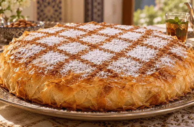 Pastilla marocaine dorée décorée de sucre glace et de croisillons de cannelle