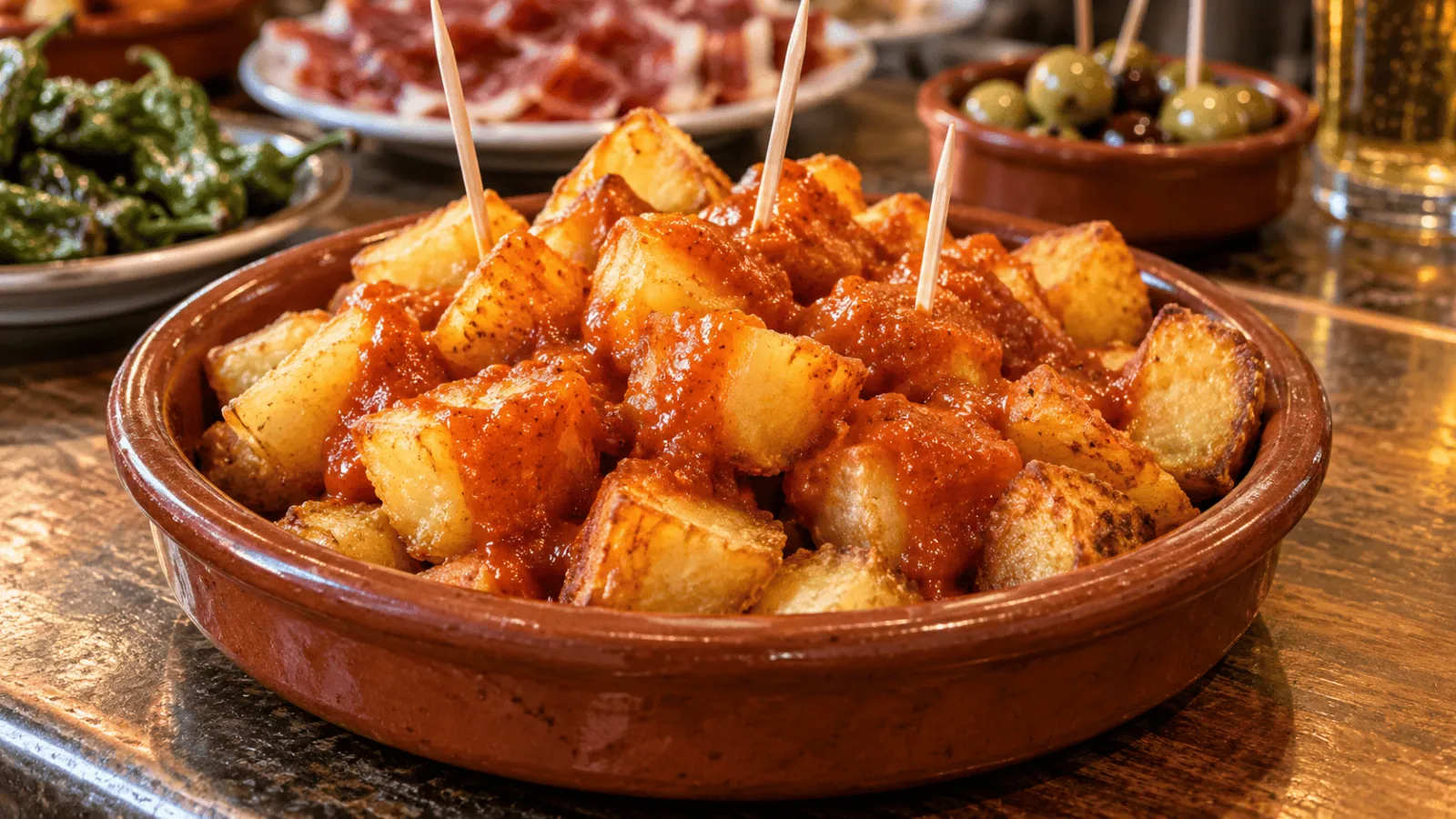 Cubes de pommes de terre croustillants nappés de sauce brava au pimentón