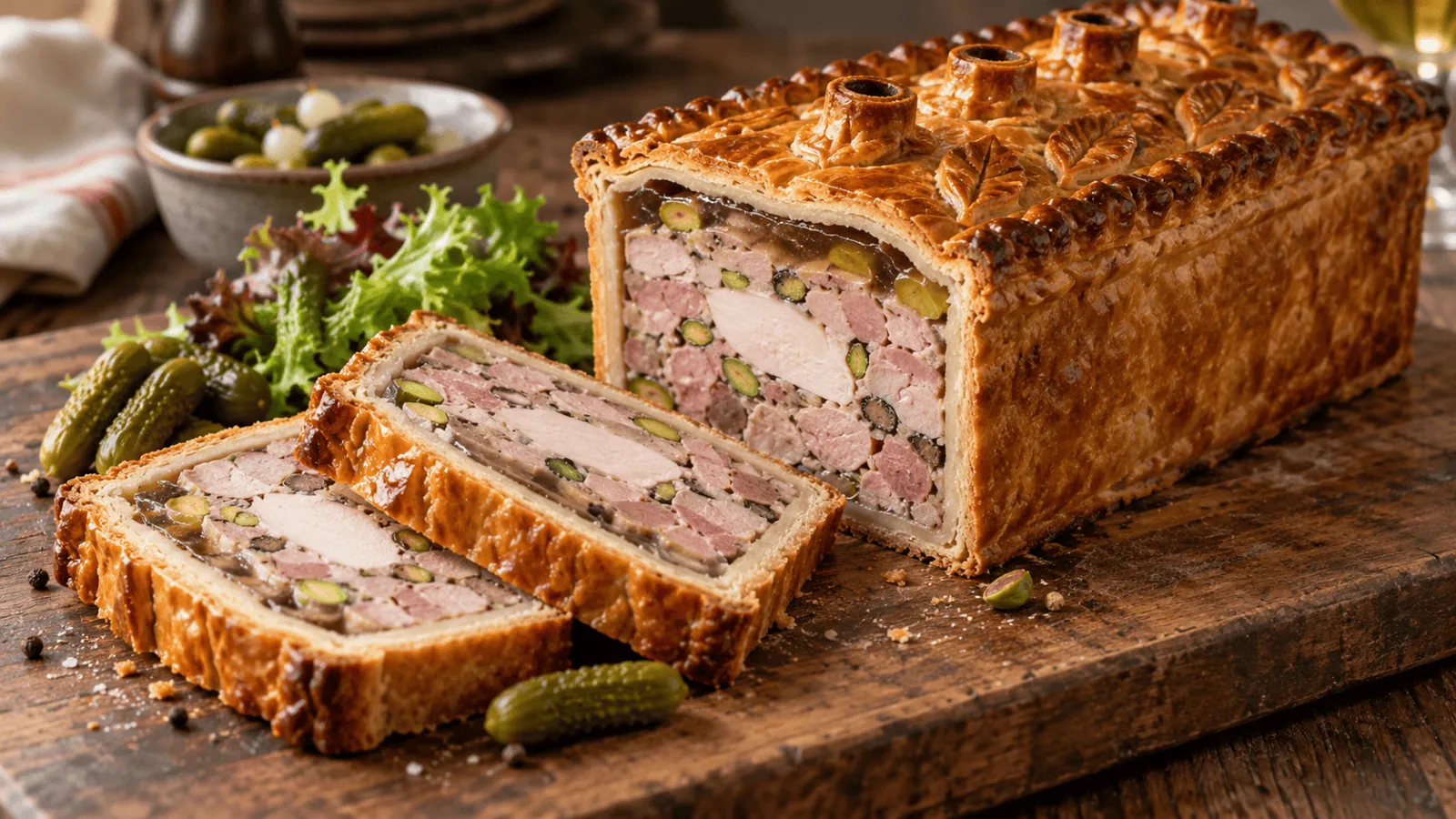 Pâté en croûte doré avec tranches en mosaïque, pistaches et gelée ambrée