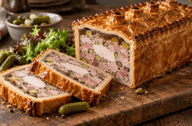 Pâté en croûte doré avec tranches en mosaïque, pistaches et gelée ambrée