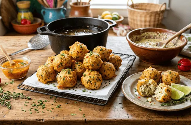 Accras de morue antillais dorés sur une grille, l’un ouvert, citron vert, sauce chien et piments