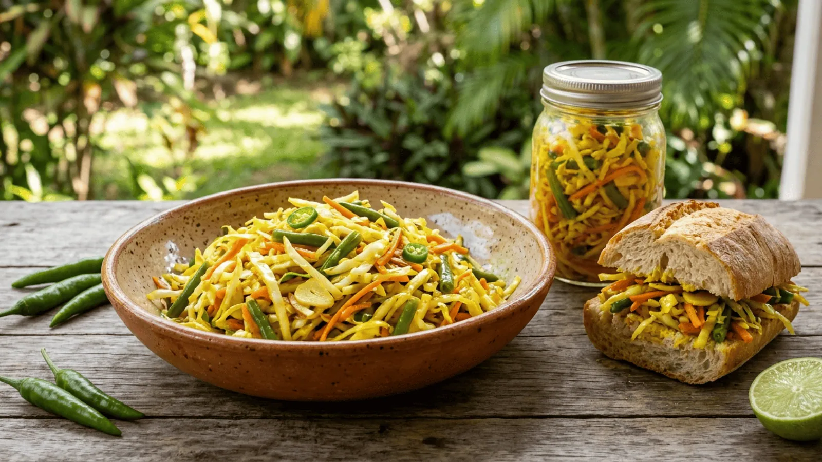 Achards de légumes réunionnais : chou, carotte et haricots verts en lanières confits à l’huile et au curcuma, bocal et sandwich