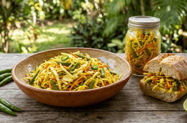 Achards de légumes réunionnais : chou, carotte et haricots verts en lanières confits à l’huile et au curcuma, bocal et sandwich