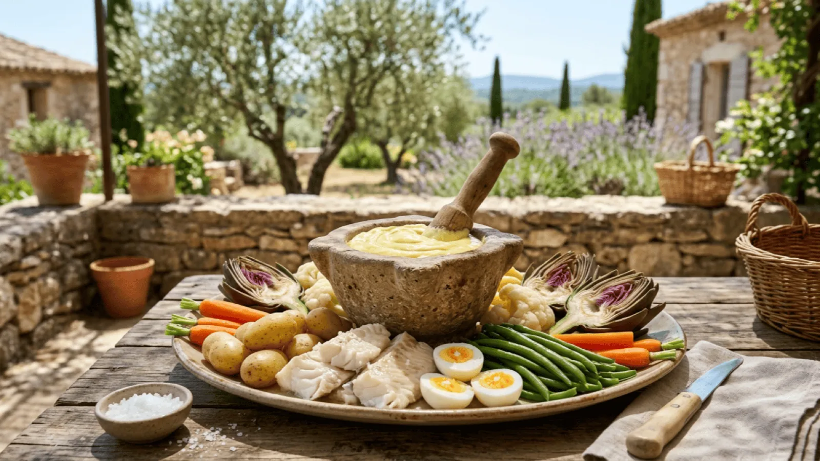 Grand aïoli provençal : mortier d’aïoli entouré de morue pochée, pommes de terre, carottes, haricots verts, chou-fleur, artichauts et œufs durs, sur une terrasse en Provence