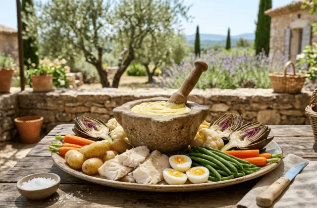 Grand aïoli provençal : mortier d’aïoli entouré de morue pochée, pommes de terre, carottes, haricots verts, chou-fleur, artichauts et œufs durs, sur une terrasse en Provence