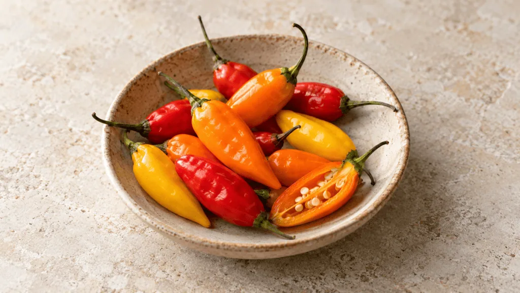 Piments péruviens ají limo rouges, orange et jaunes