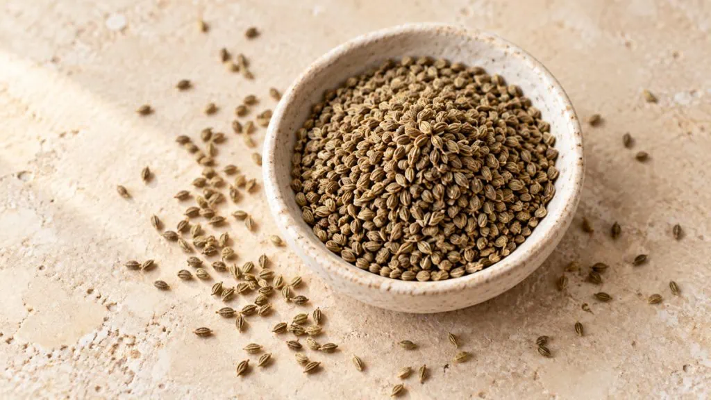Graines d’ajwain dans une coupelle artisanale en grès clair
