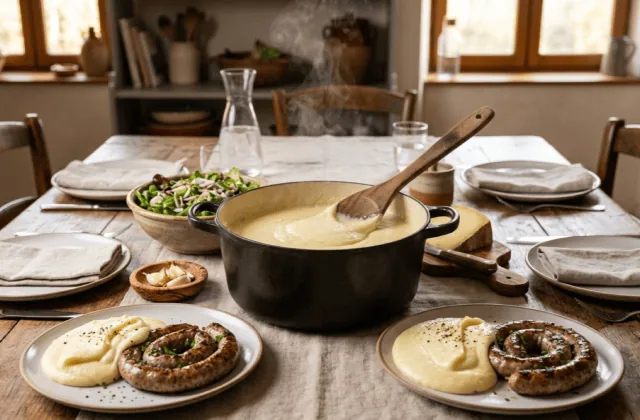 Aligot de l’Aubrac maison dans sa cocotte avec spatule, assiettes servies avec saucisse de Toulouse, salade et tomme