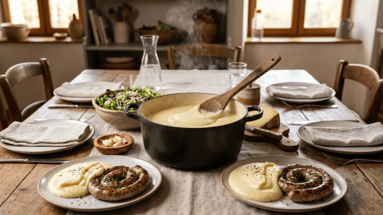 Aligot de l’Aubrac maison dans sa cocotte avec spatule, assiettes servies avec saucisse de Toulouse, salade et tomme