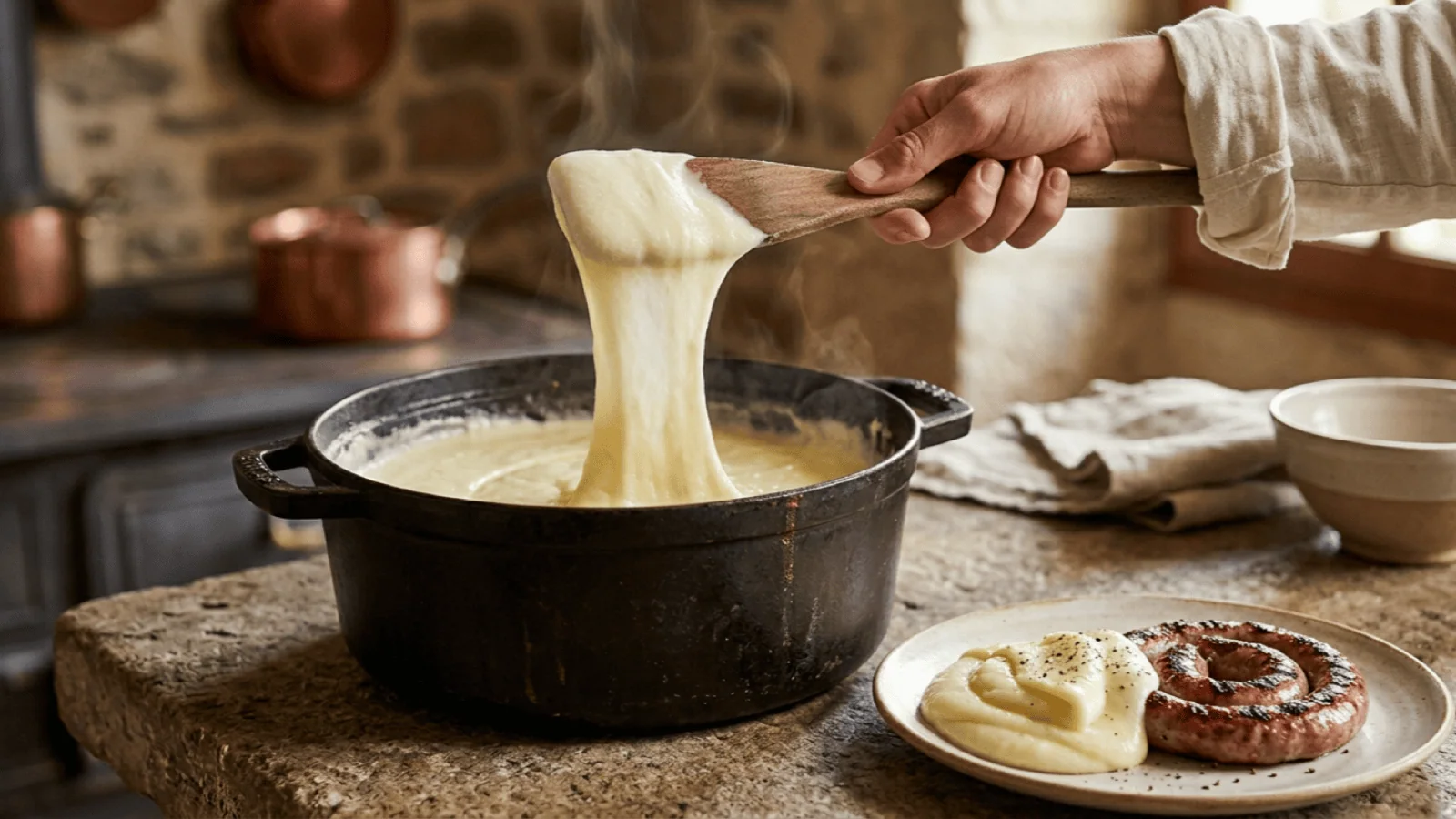 Aligot filé à la spatule au-dessus d’une cocotte en fonte, long ruban lisse et élastique, assiette d’aligot et saucisse grillée
