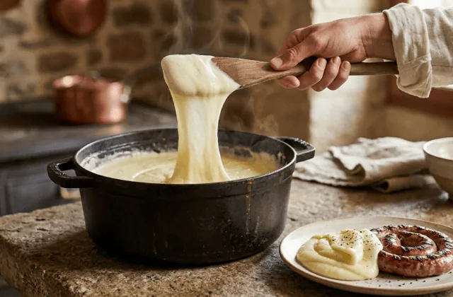 Aligot filé à la spatule au-dessus d’une cocotte en fonte, long ruban lisse et élastique, assiette d’aligot et saucisse grillée
