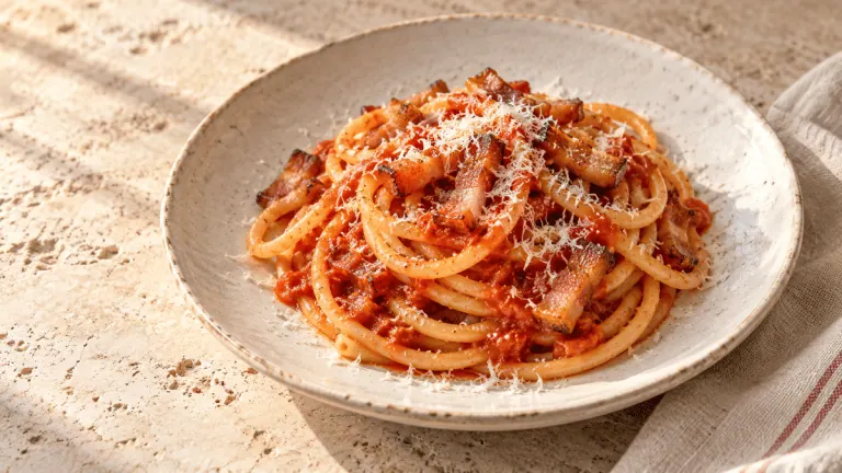 Bucatini all amatriciana avec guanciale, tomate et pecorino romano