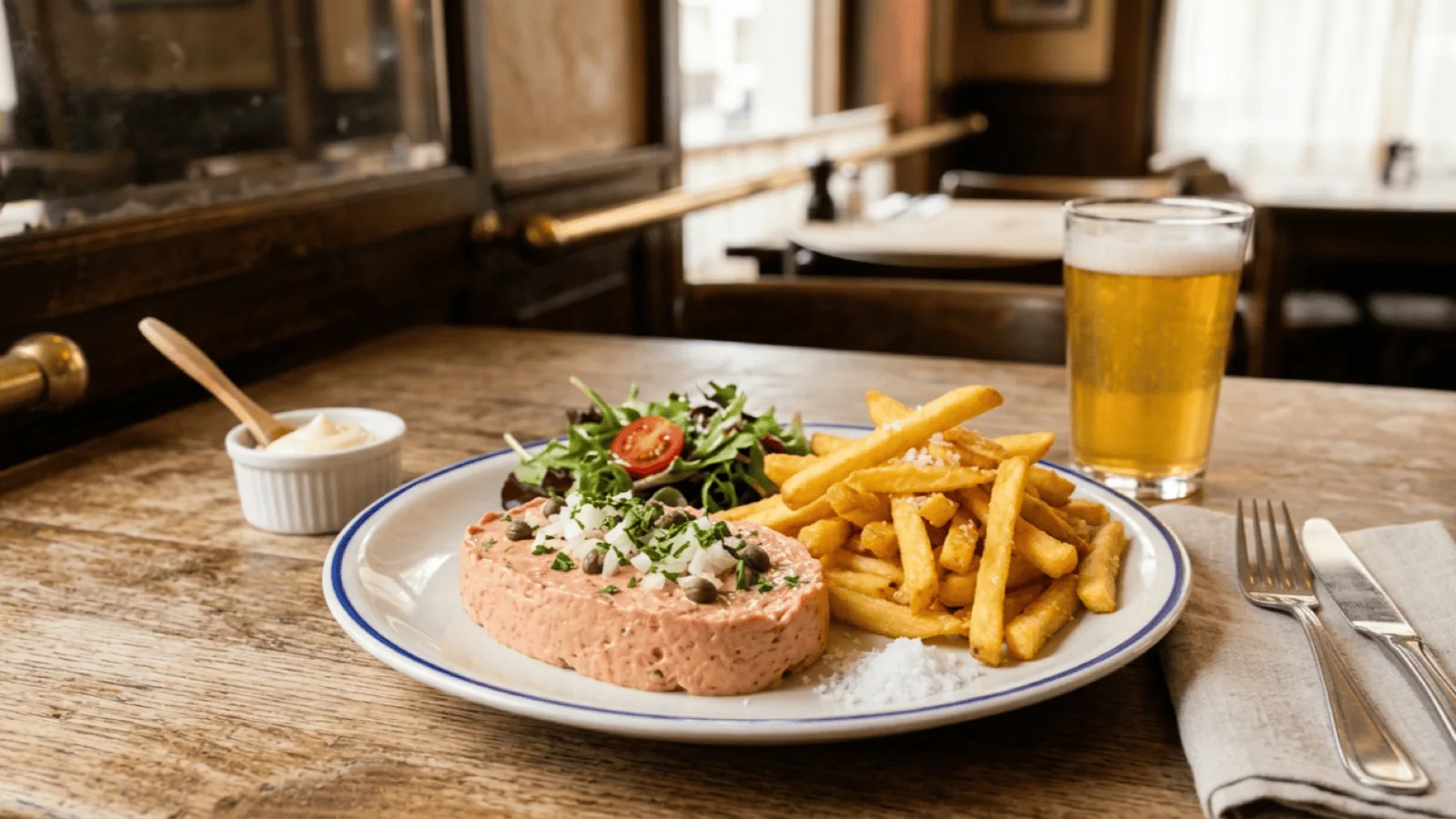 Assiette d’américain préparé et frites dans une brasserie bruxelloise : préparation lisse au bœuf cru, oignon, câpres et persil, salade et bière blonde