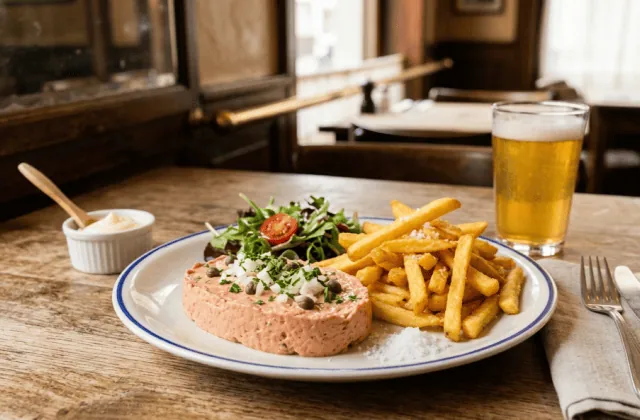 Assiette d’américain préparé et frites dans une brasserie bruxelloise : préparation lisse au bœuf cru, oignon, câpres et persil, salade et bière blonde