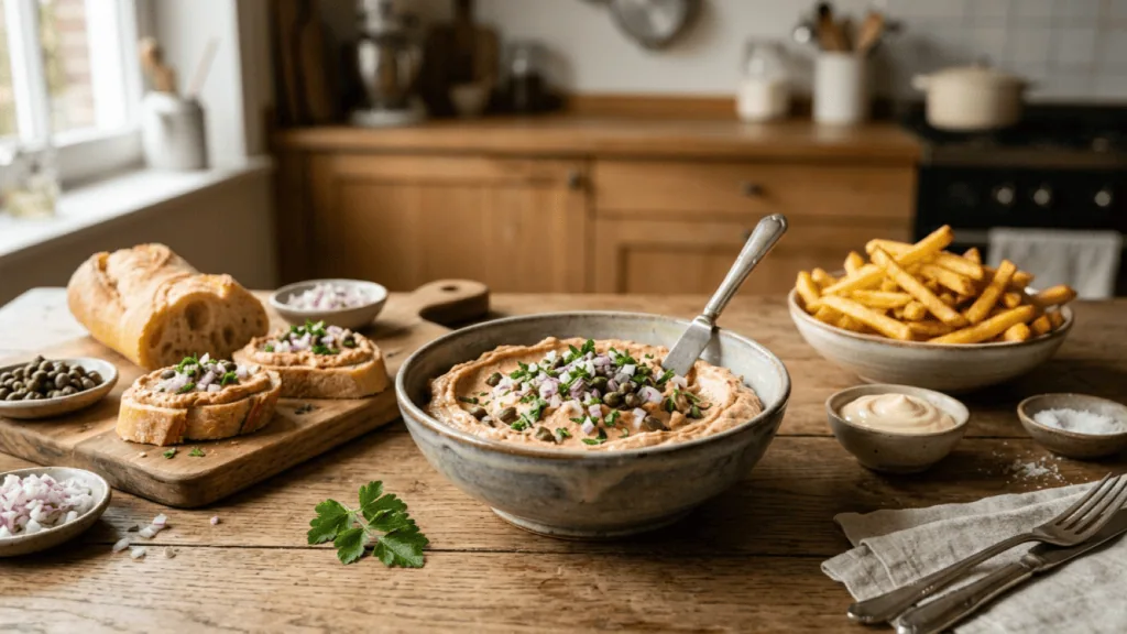 Américain préparé maison dans un bol, tartines de baguette, frites maison, mayonnaise, câpres et oignon