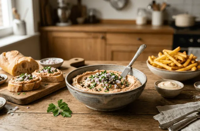 Américain préparé maison dans un bol, tartines de baguette, frites maison, mayonnaise, câpres et oignon