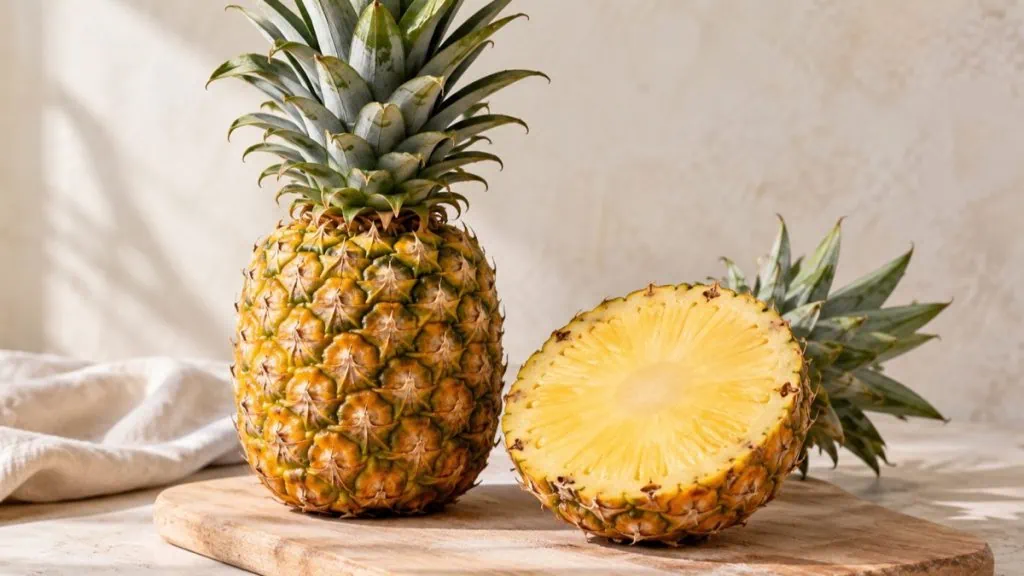 Ananas mûr entier et coupé montrant sa chair jaune