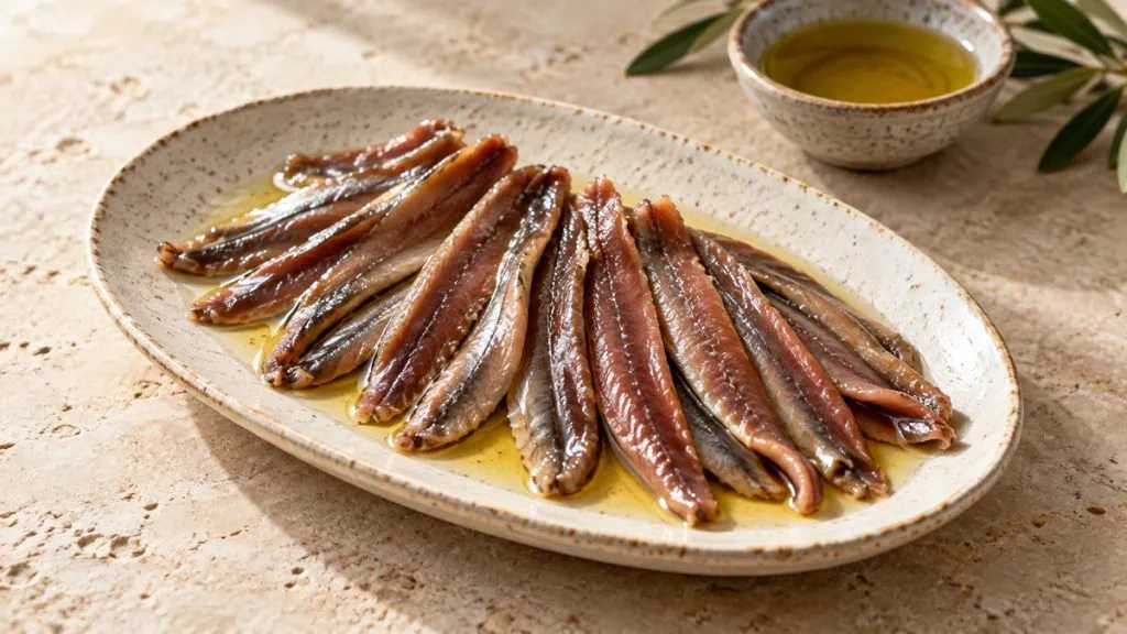 Filets d’anchois à l’huile disposés sur une assiette en grès clair