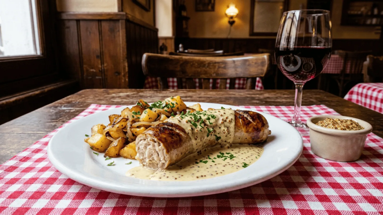 Andouillette grillée nappée de sauce moutarde à l’ancienne, pommes sautées et verre de beaujolais dans un bouchon lyonnais