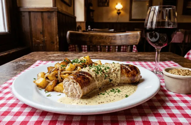 Andouillette grillée nappée de sauce moutarde à l’ancienne, pommes sautées et verre de beaujolais dans un bouchon lyonnais