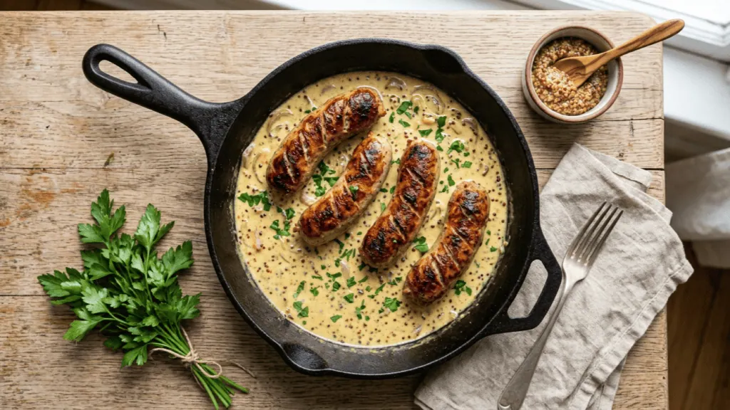 Andouillettes poêlées maison dans une poêle en fonte, nappées de sauce moutarde à la crème et aux grains, avec persil