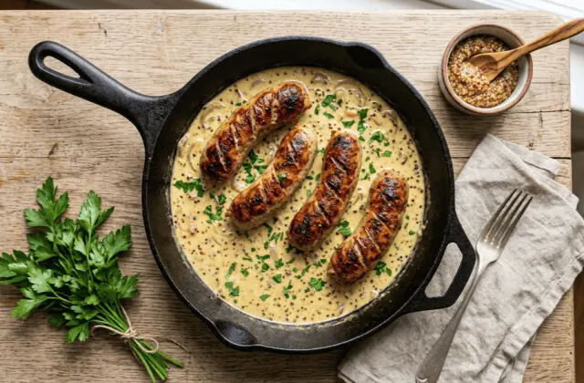 Andouillettes poêlées maison dans une poêle en fonte, nappées de sauce moutarde à la crème et aux grains, avec persil