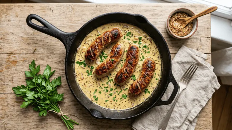 Andouillettes poêlées maison dans une poêle en fonte, nappées de sauce moutarde à la crème et aux grains, avec persil