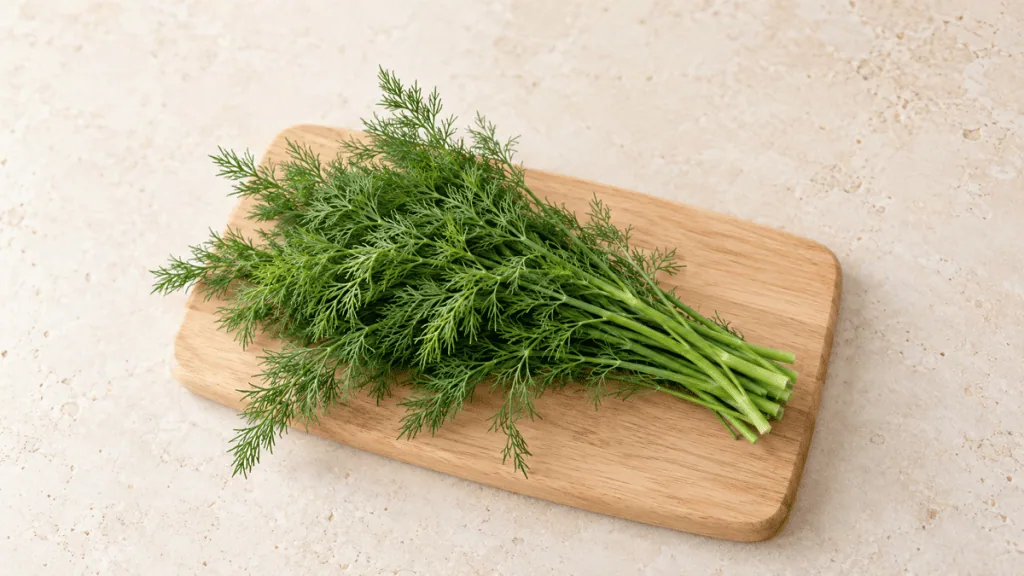 Bouquet d’aneth frais sur une planche en bois clair