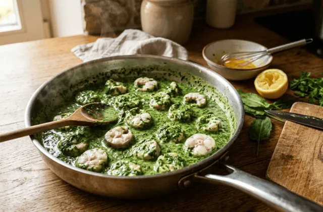 Anguilles au vert flamandes en fin de cuisson dans la sauteuse, liaison aux jaunes d’œufs et citron à côté