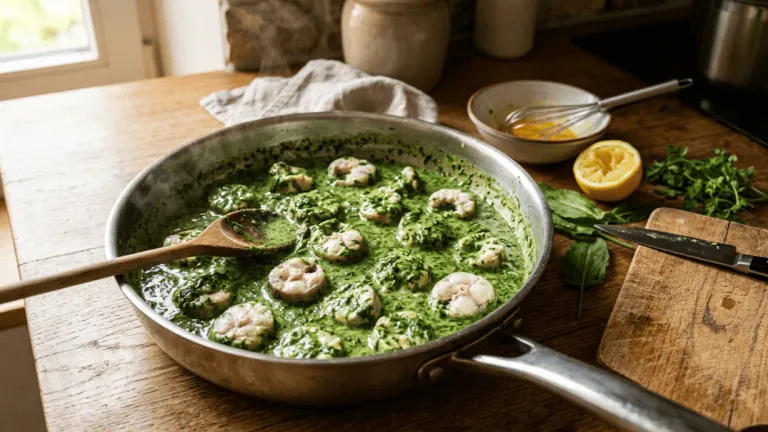 Anguilles au vert flamandes en fin de cuisson dans la sauteuse, liaison aux jaunes d’œufs et citron à côté