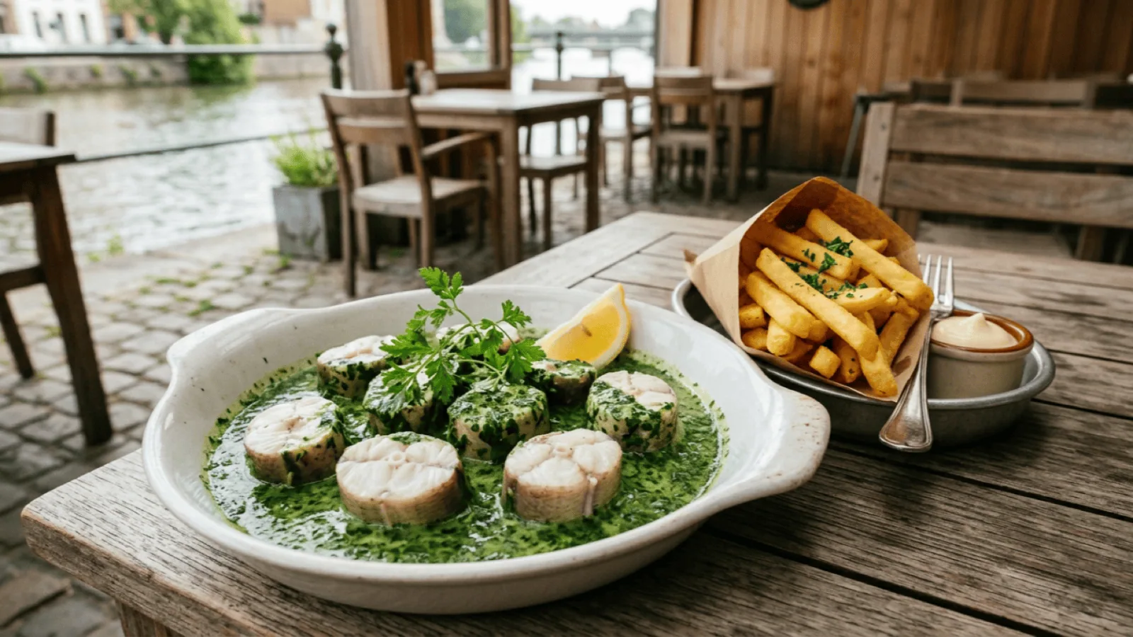 Anguilles au vert flamandes : tronçons d’anguille dans une sauce épaisse aux herbes vertes, citron et cornet de frites, en terrasse au bord de l’eau