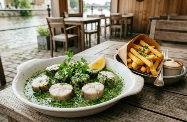 Anguilles au vert flamandes : tronçons d’anguille dans une sauce épaisse aux herbes vertes, citron et cornet de frites, en terrasse au bord de l’eau