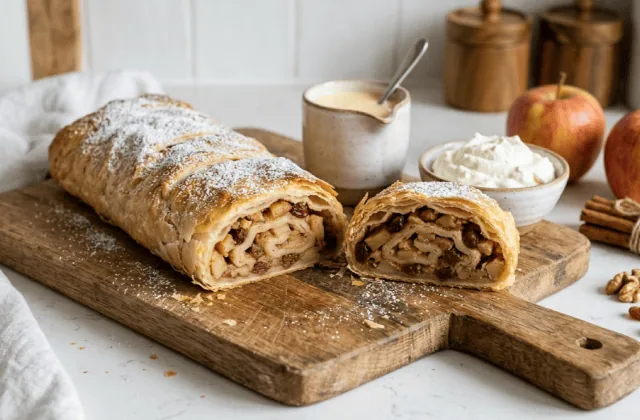Apfelstrudel viennois sorti du four, pâte fine saupoudrée de sucre glace, tranches montrant pommes à la cannelle et raisins