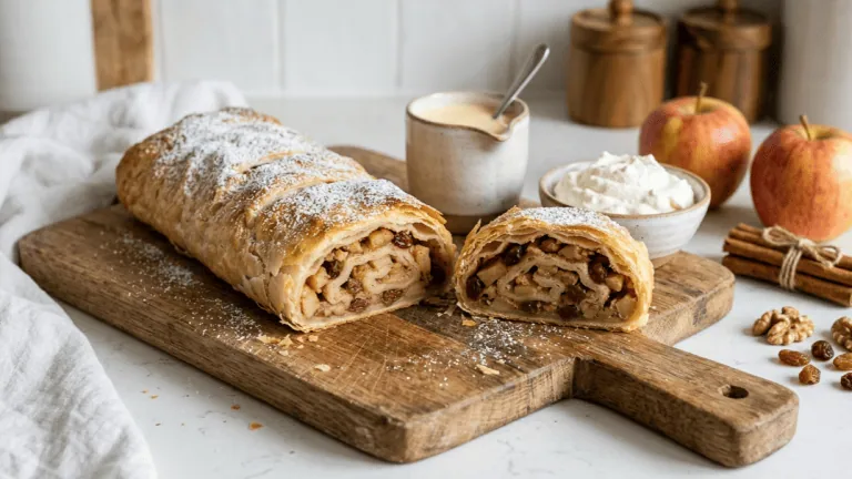 Apfelstrudel viennois sorti du four, pâte fine saupoudrée de sucre glace, tranches montrant pommes à la cannelle et raisins