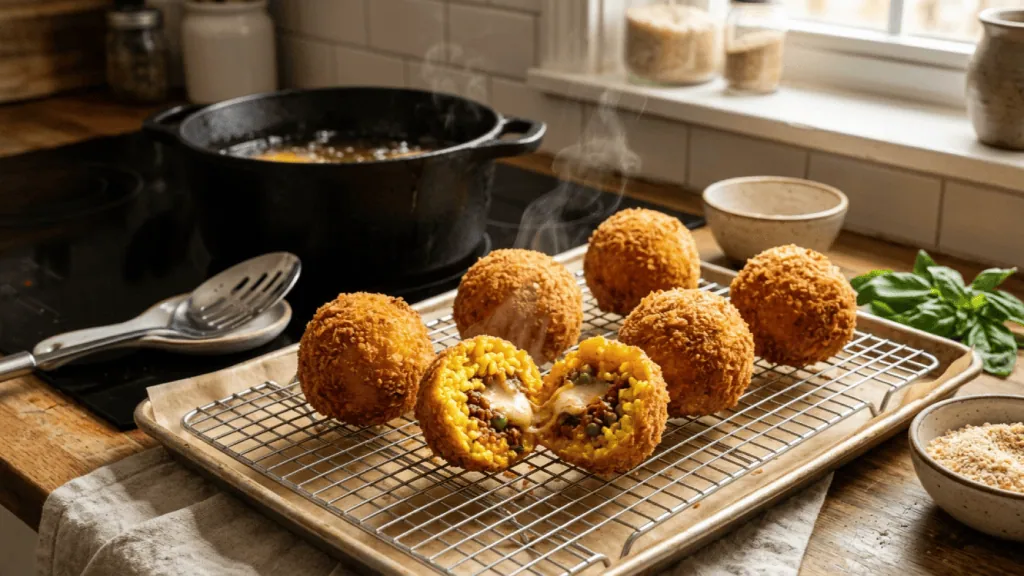 Arancini al ragù maison égouttés sur une grille, l’un coupé en deux montrant la farce