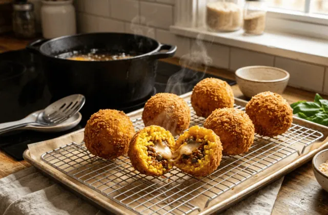 Arancini al ragù maison égouttés sur une grille, l’un coupé en deux montrant la farce