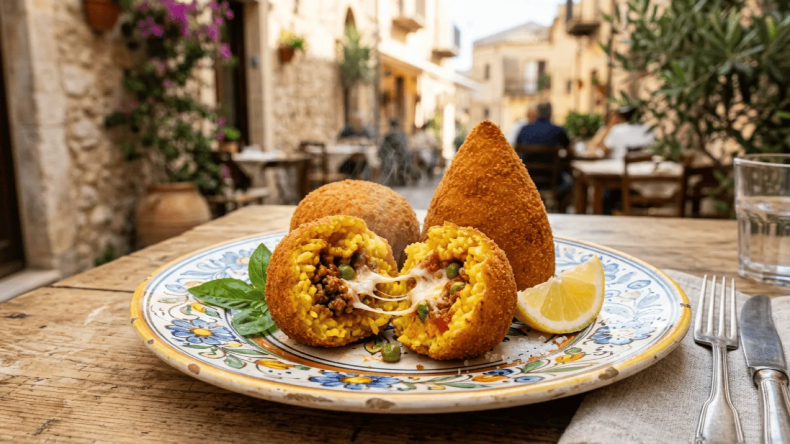 Arancini siciliens ronds et en cône sur une assiette en céramique, l’un ouvert sur le riz safrané, le ragù aux petits pois et le fromage filant