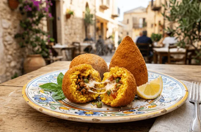 Arancini siciliens ronds et en cône sur une assiette en céramique, l’un ouvert sur le riz safrané, le ragù aux petits pois et le fromage filant
