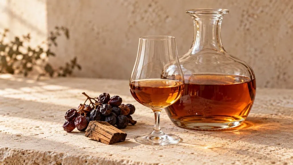 Armagnac ambré dans un verre et une carafe
