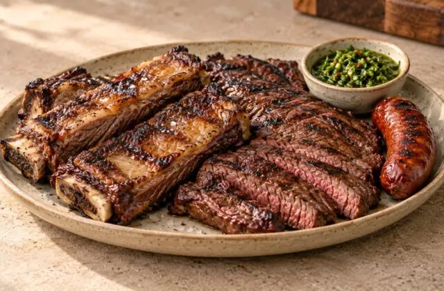Asado argentin avec travers de bœuf, vacío, chorizo et chimichurri