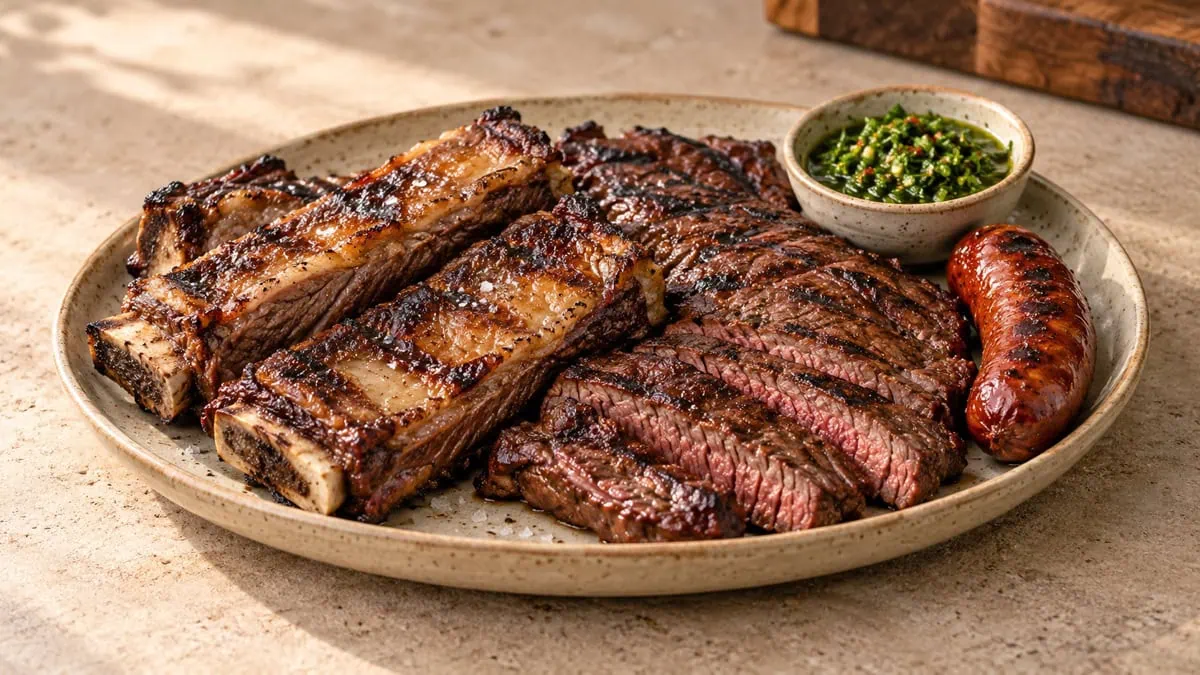 Asado argentin avec travers de bœuf, vacío, chorizo et chimichurri