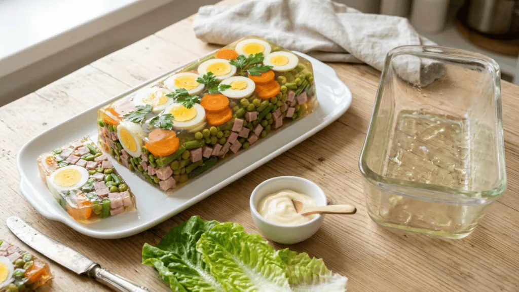 Aspic de jambon maison aux œufs et petits légumes juste démoulé, avec laitue et mayonnaise