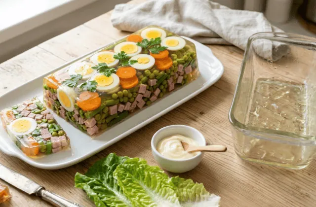 Aspic de jambon maison aux œufs et petits légumes juste démoulé, avec laitue et mayonnaise