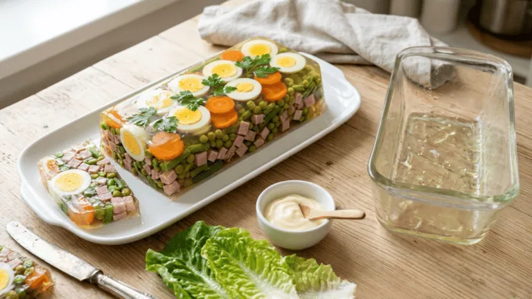 Aspic de jambon maison aux œufs et petits légumes juste démoulé, avec laitue et mayonnaise