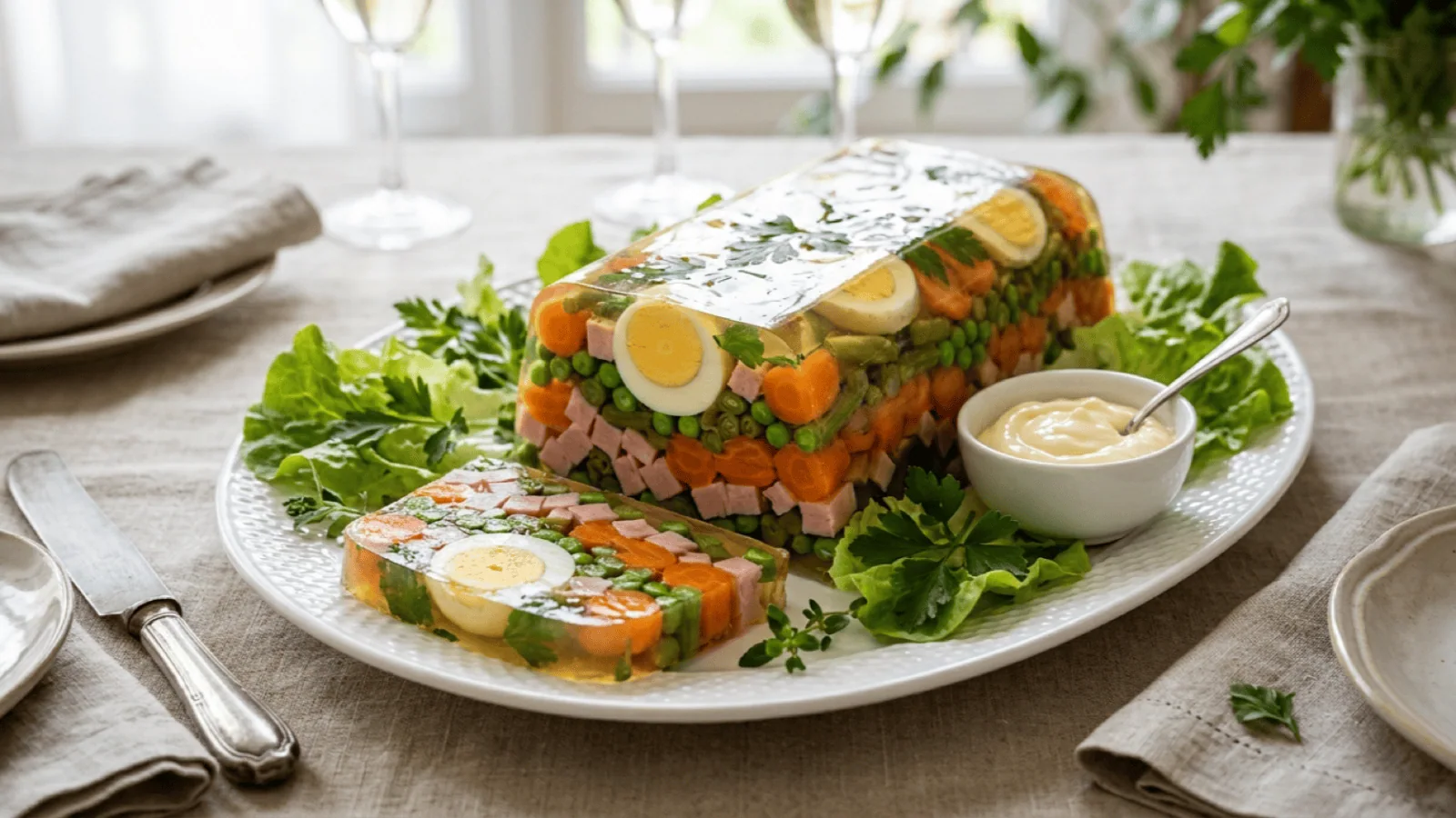 Aspic démoulé sur un plat : gelée dorée limpide garnie d’œufs durs, dés de jambon, petits pois, carottes et haricots verts, avec une tranche coupée