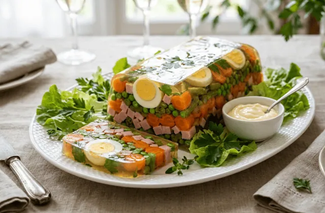 Aspic démoulé sur un plat : gelée dorée limpide garnie d’œufs durs, dés de jambon, petits pois, carottes et haricots verts, avec une tranche coupée