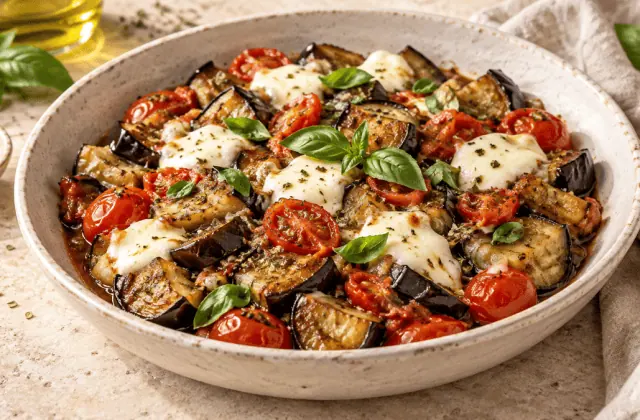Aubergines poêlées avec tomates cerises, mozzarella et basilic